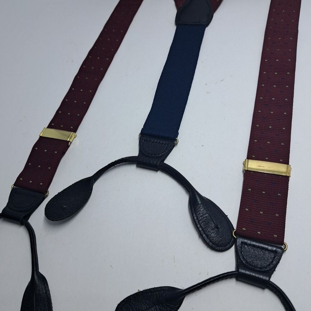 Vintage Made in England Burgundy Polka Dot Button End Suspenders Braces
